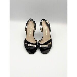 Chanel Black Patent Leather Logo Slingback Heels Vintage Size EU 35.5